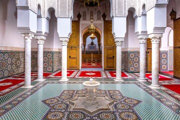 Meknes, Morocco - March 21, 2024: Mausoleum of Moulay Ismail interior in Meknes in Morocco. Mausoleum of Moulay Ismail is a tomb and mosque located in the Morocco city of Meknes