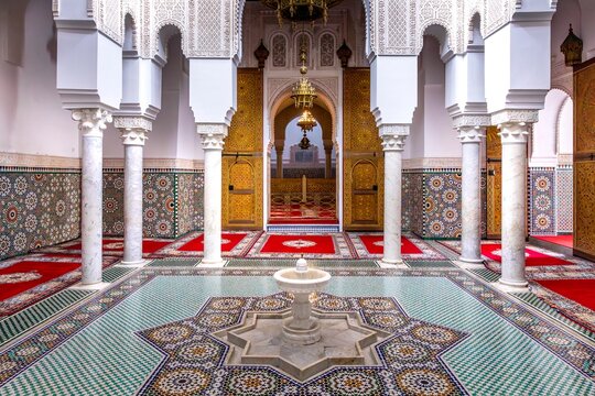 Meknes, Morocco - March 21, 2024: Mausoleum of Moulay Ismail interior in Meknes in Morocco. Mausoleum of Moulay Ismail is a tomb and mosque located in the Morocco city of Meknes