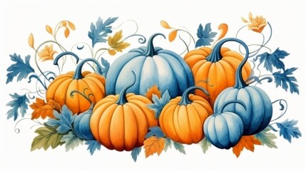 This artful display showcases an array of pumpkins in blue and orange hues, enriched with intricate foliage details, capturing the essence of autumn with elegance.