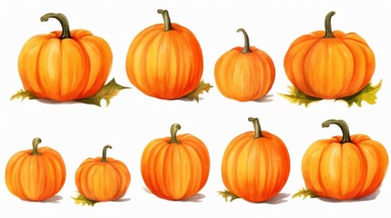 This image shows nine pumpkins of various sizes and shapes arranged artistically. The green leaves add a touch of nature, representing autumn and harvest themes.