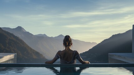 Fototapeta premium With hills framing the horizon, a woman wrapped in a towel enjoys the serenity of a pool, embodying tranquility and luxury