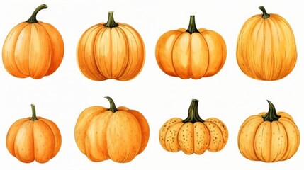 An illustration featuring eight pumpkins of different shapes and sizes, highlighting the variety found in this autumnal vegetable. Perfect for fall-themed designs and decorations.