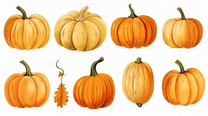 This image showcases eight different pumpkins in various hues of orange, emphasizing the diversity and beauty of this classic fall symbol. Ideal for seasonal projects.