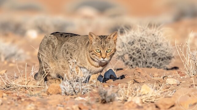 A cat walking through a field of plants and rocks, AI