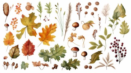 Featuring a variety of autumn leaves and mushrooms, this illustration captures the essence of fall with a detailed and artistic approach, showcasing nature's beauty in one frame.