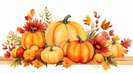 This illustration presents an arrangement of pumpkins, autumn leaves, and flowers, beautifully melding together to represent the warmth and abundance of the fall season in a cheerful display.