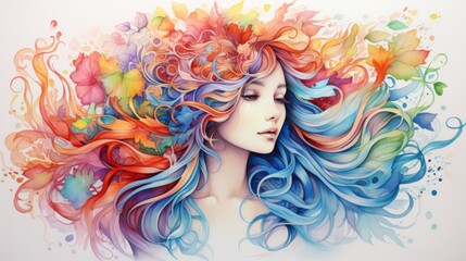 A vibrant artwork showcasing a serene woman's face surrounded by abstract, colorful flowers blending into her hair, representing creativity and the fusion of nature and human beauty.