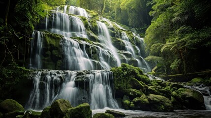 A magnificent waterfall flows over tiered rocky formations, surrounded by lush vibrant greenery, showcasing a stunning and tranquil natural landscape perfect for exploration.