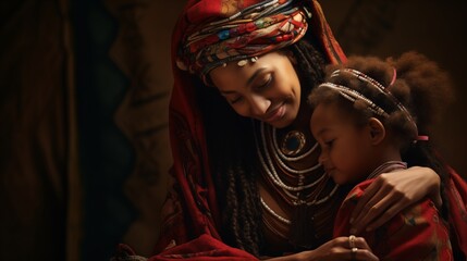 Woman and child in traditional cultural attire sharing a moment.