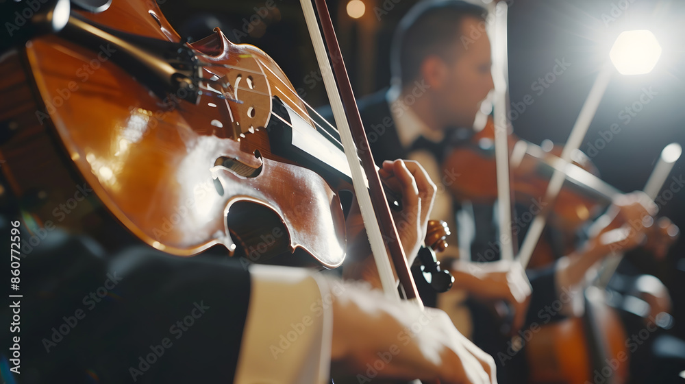Aufkleber elegant string quartet performing at wedding reception in restaurant handsome man in suits playing v