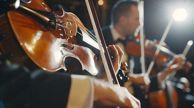 Elegant string quartet performing at wedding reception in restaurant handsome man in suits playing violin and cello at theatre play orchestra closeup music concept : Generative AI