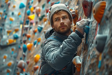 Obraz premium Man Climbing Indoor Rock Wall in a Grey Jacket and Beanie