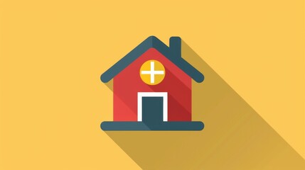 A red house icon with a plus symbol in a yellow window, set against a bright yellow background. The black roof and chimney add contrast and visual interest to the image.