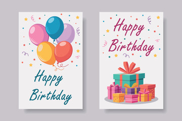 Happy Birthday cards with balloons and gifts.