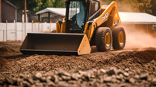Excavation at a construction site, mini loader bobcat transports crushed stone to different construction places, where it is advisable to use compact construction equipment