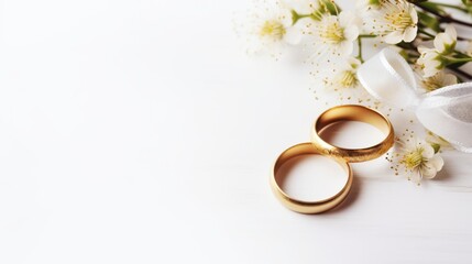 This image features two gold wedding rings paired with small white flowers and a delicate white bow, placed on a soft surface, representing union and eternal love.