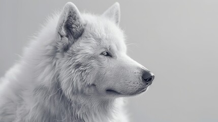 Fototapeta premium A close-up profile portrait of a serene white-furred dog, exuding calmness and poise, set against a minimalistic grey background, capturing every fine detail of its fur.