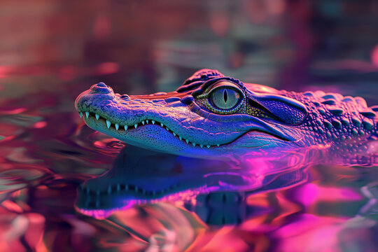 A vibrant gharial swims gracefully in neon-lit waters, its reflected hues creating a striking blend of vivid colors and textured details 
