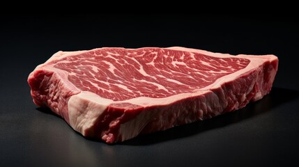 Raw marbled steak on a black background showcasing fresh, high-quality beef ready for cooking or grilling.