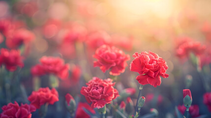 Close up view of lovely red carnations blooming in the flower field on a beautiful spring day shallow focus and blurred background effectFor special occasions especially Mothers Day an : Generative AI
