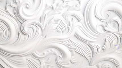An intricate and elegant white swirling abstract pattern decorates a flat surface, creating a visually captivating and rhythmic design evocative of flowing natural forms.
