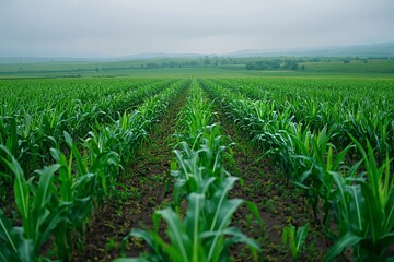Fototapeta premium Rows of green corn stalks sprawled across a large field under a cloudy sky, demonstrating organized agricultural practices and the growth stage of the crop in a natural setting.
