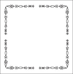 Elegant black and white ornamental frame with Viking runes, decorative border, corners for greeting cards, banners, business cards, invitations, menus. Isolated vector illustration.	
