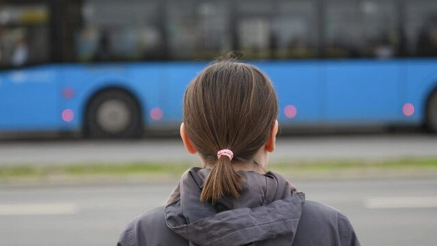 Rear view of adult brunette female standing on the street and looking at traffic and buses passing by