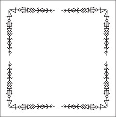 Elegant black and white ornamental frame with Viking runes, decorative border, corners for greeting cards, banners, business cards, invitations, menus. Isolated vector illustration.	