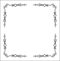Elegant black and white ornamental frame with Viking runes, decorative border, corners for greeting cards, banners, business cards, invitations, menus. Isolated vector illustration.	