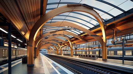 Obraz premium modern train station with curved wooden beams forming a dynamic roof structure, enhancing the flow and energy of the space