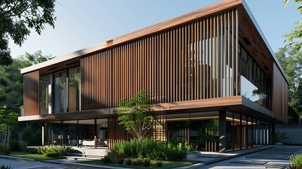 Fototapeta premium modern villa with wooden slats that wrap around the building, providing privacy while allowing natural light to filter through