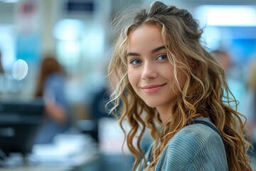 Obraz premium Young Woman With Curly Blonde Hair Smiles at Camera in Busy Indoor Location