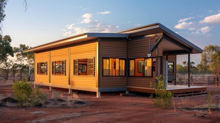 modular learning center for remote communities, featuring fiber cement siding in earthy tones to blend with natural surroundings while offering robust weather protection