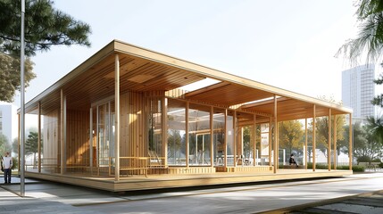 Fototapeta premium modular wooden community center, easily reconfigurable for various events and activities, promoting flexibility and sustainability in urban design
