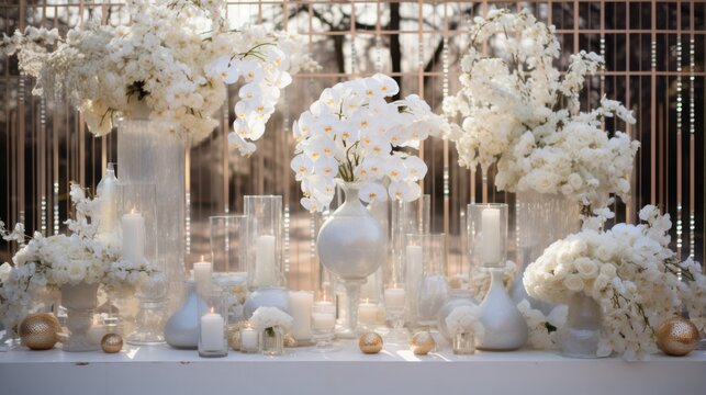 A sophisticated white floral display featuring orchids and roses, complemented by candles and sleek vases. Ideal for sophisticated events and artistic occasions, exuding purity.