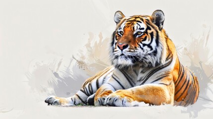 Majestic beautiful tiger lies, light background. Horizontal banner. International tiger day. Wildlife conservation concept. Environmental protection, animal protection. Free space for text