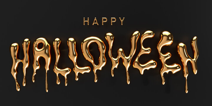 Luxury Happy Halloween greeting card. Dripping molten gold font on black background. Golden inscription with liquid effect. 3d render. Halloween lettering with golden metallic surface with reflections