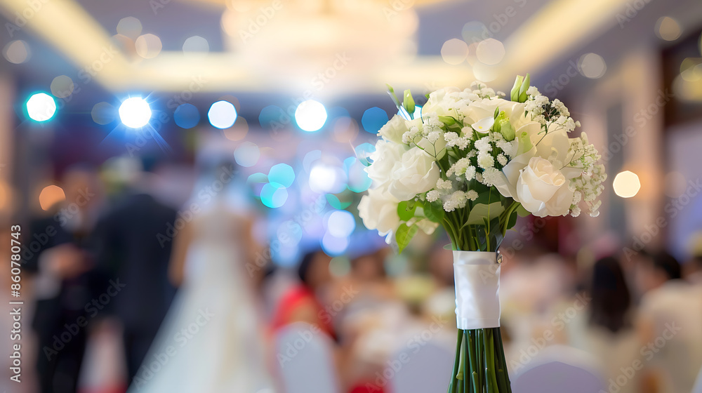 Poster blur image of wedding party  in large hall for background usage : Generative AI