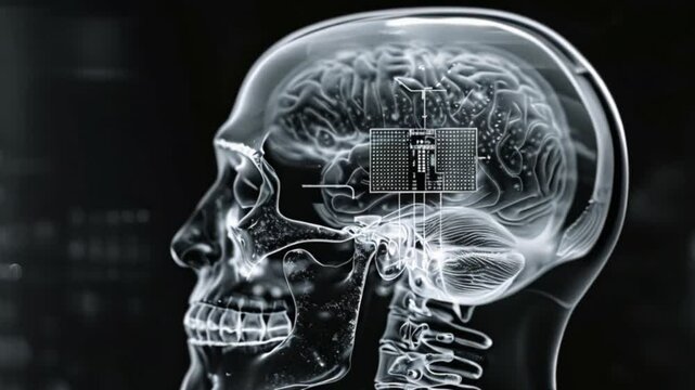 Xray of human with neurotechnology microchip brain implant technology Generative AI