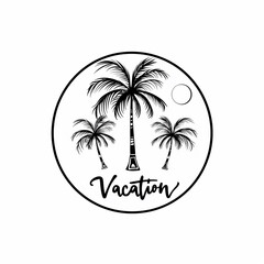 Naklejka premium Palm trees with 'Vacation' text in a circular design.
