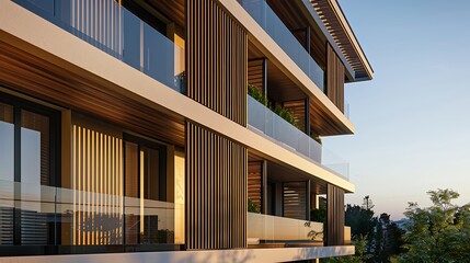 Fototapeta premium multi-family residence with balconies covered in vertical wooden slats, offering both privacy and a stylish modern aesthetic