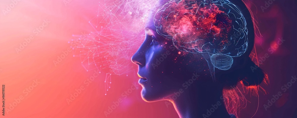 Wall mural futuristic digital design: woman's brain activity connected with artificial intelligence in profile - Wall murals