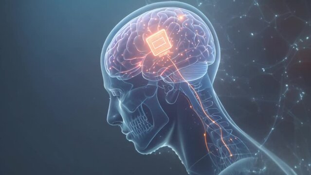Xray of computerized human skull with glowing microchip brain implant technology Generative AI