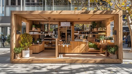 pop-up retail space with a modular wooden design, easily reconfigurable to suit different brands and products, showcasing sustainability