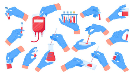 Doctors hands with blood test tubes. Medical or lab worker hands holding blood samples, blood bag and test tubes flat vector illustration set. Blood test tubes in lab assistant hands