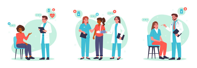 Medical staff with patients. Doctors and patients, doctors and nurses advising and diagnosing patients flat vector illustration set. Hospital professional workers with patients