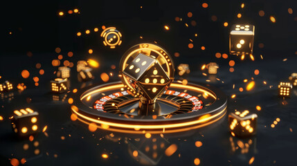 Casino games like slot machines, dice, and card games are featured on a black background with a golden neon ring surrounding them.