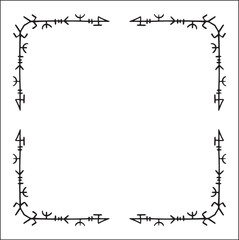 Elegant black and white ornamental frame with Viking runes, decorative border, corners for greeting cards, banners, business cards, invitations, menus. Isolated vector illustration.	