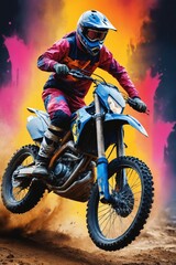 A blur of motion: dirt bike rider on a dusty track